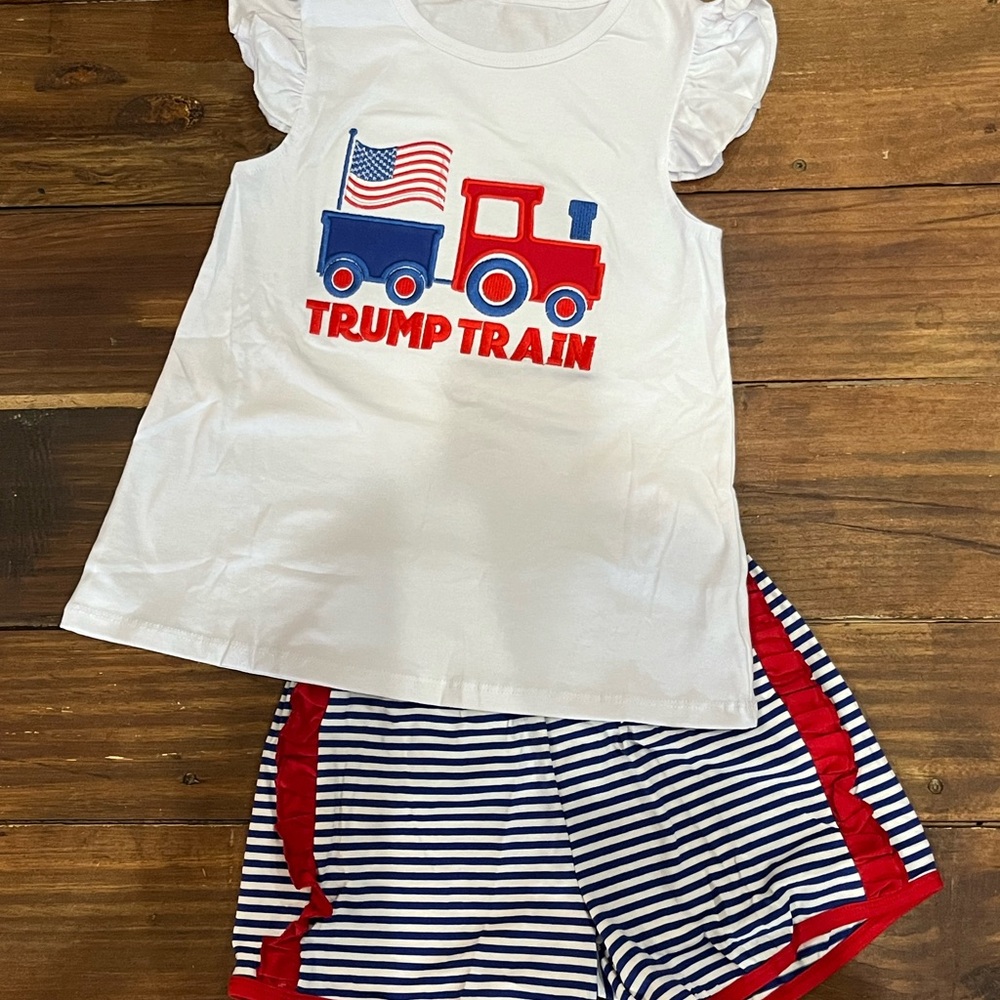Girls boutique Trump train embroidered applique shorts set outfit new